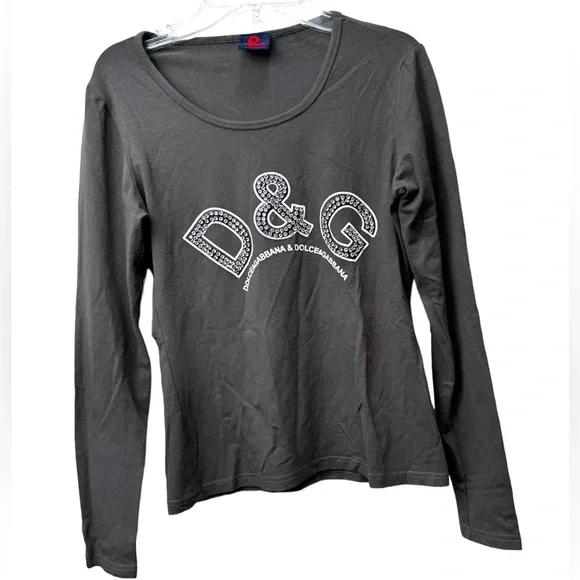 Dolce & Gabbana D&G Vintage Logo Crystals Top Long Sleeve T Stretch Crew 90s Y2K - Picture 2 of 16
